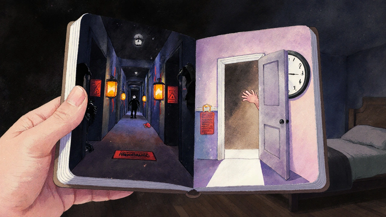 A notebook showing a terrifying nightmare on one side and a calming rewritten version on the other.