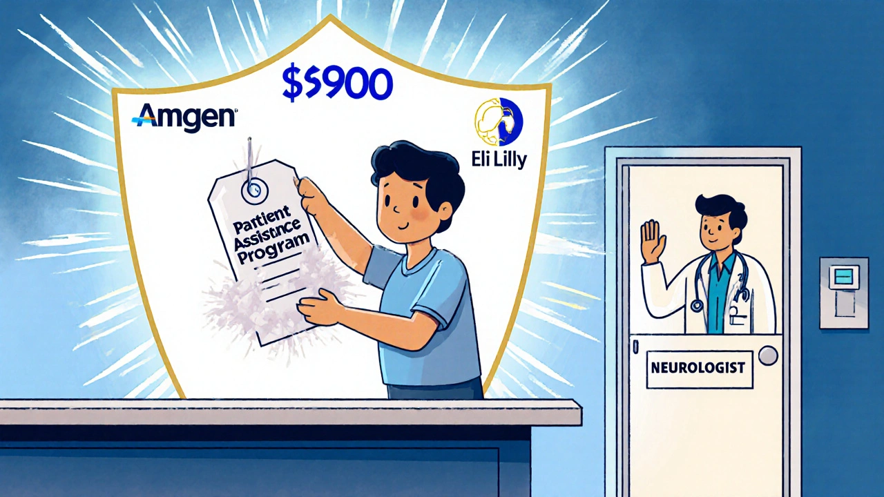 A patient shielded from high drug costs by a patient assistance program, with pharmaceutical company logos as protectors.