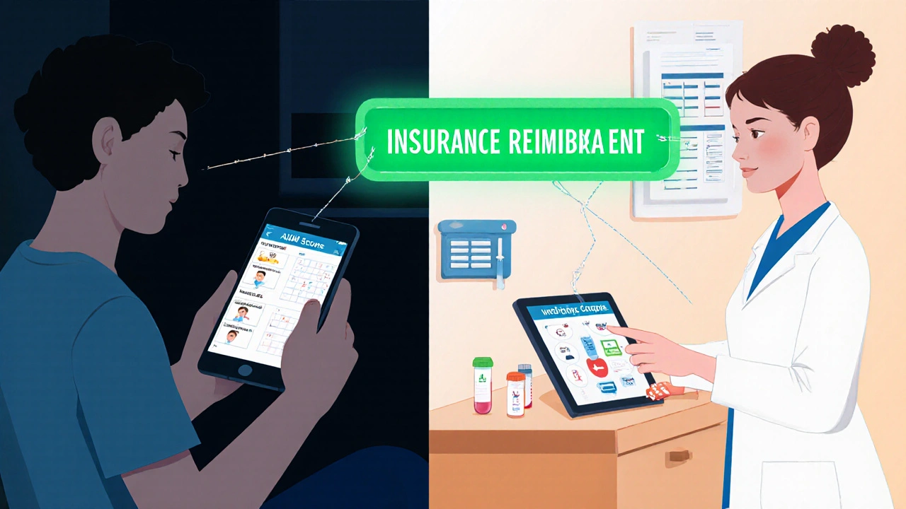 A patient tracks symptoms on a phone while an ideal clinic monitors fully — connected by a breaking insurance thread.