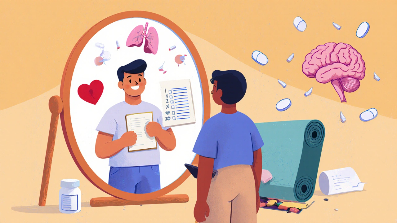 A person holding medication list, mirrored as healthy vs sedated versions, with medical icons cracking in the reflection.