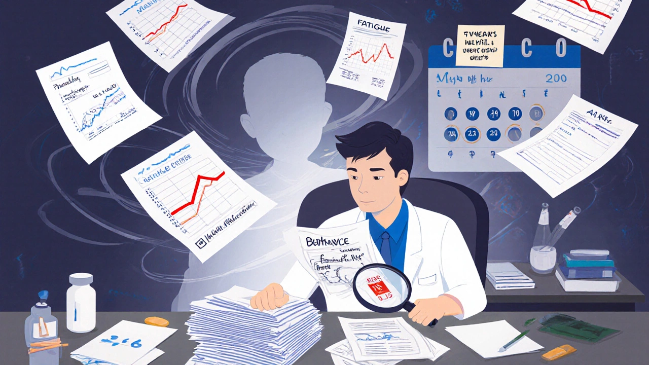 A pharmacist examines reports under a magnifying glass, with floating statistics and a ghostly patient behind them.