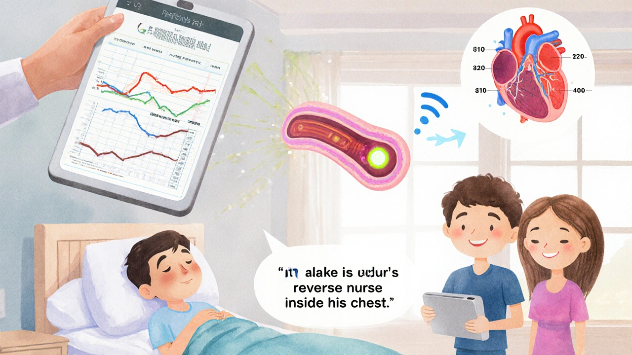A tiny sensor in a lung artery sending data to a doctor, with patient sleeping peacefully and weight log nearby.