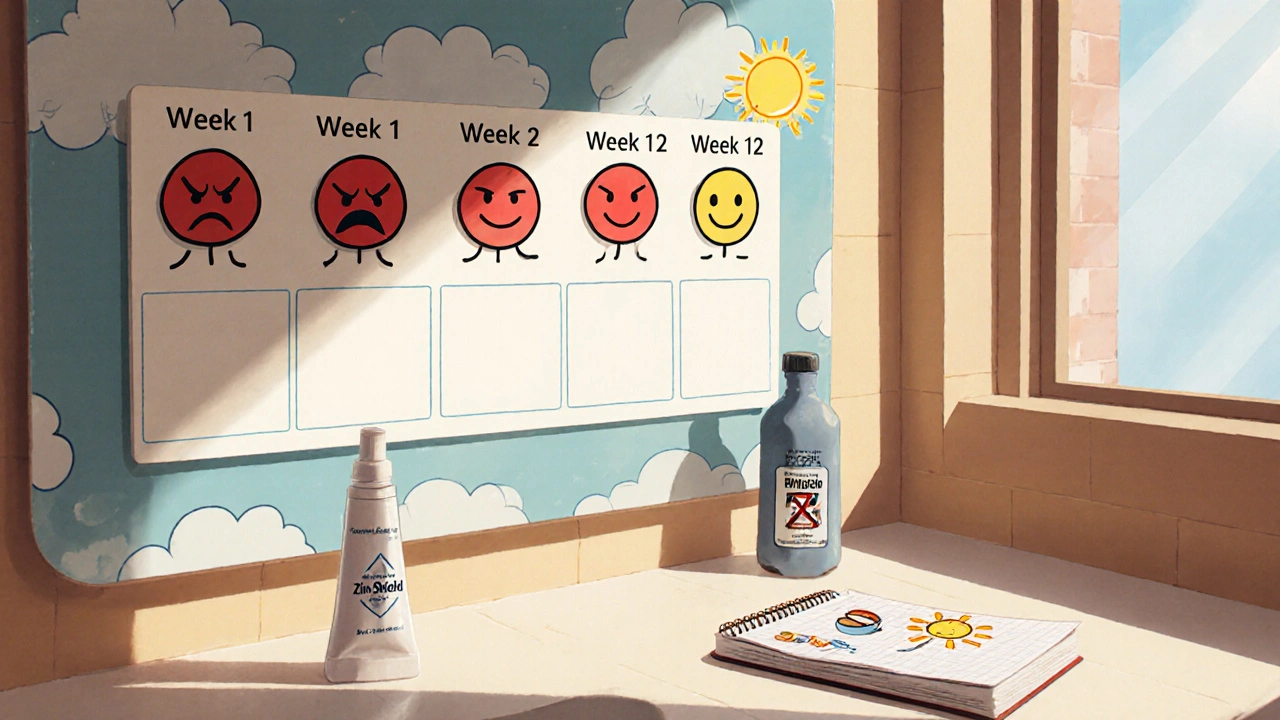 A weekly progress calendar on a mirror showing a face improving from red and angry to calm and glowing over 12 weeks.