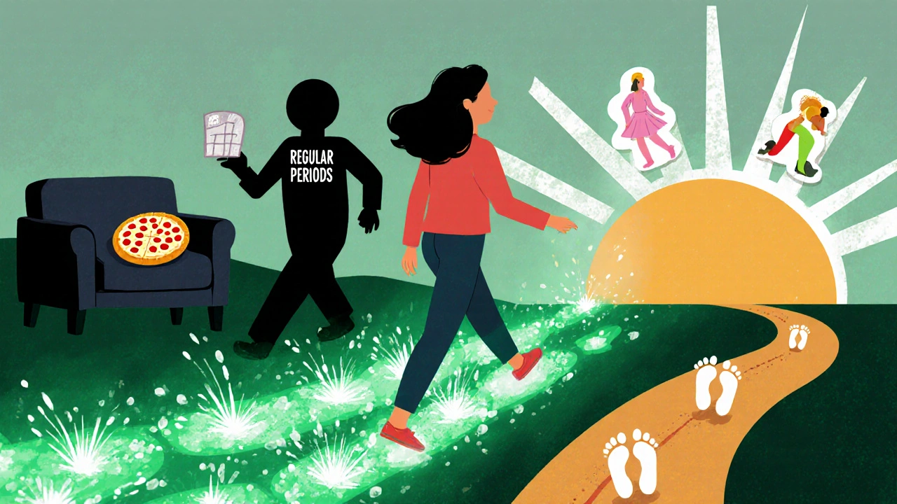 A woman walking after dinner, leaving trails of healing energy as she overcomes cravings and moves toward vibrant health.