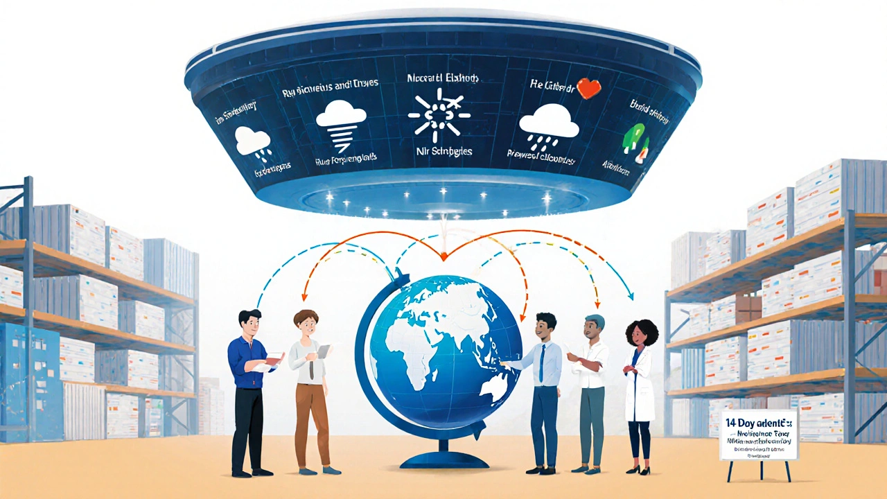 An AI dashboard monitors global supply risks while engineers reroute medicine shipments on a 3D globe to prevent drug shortages.