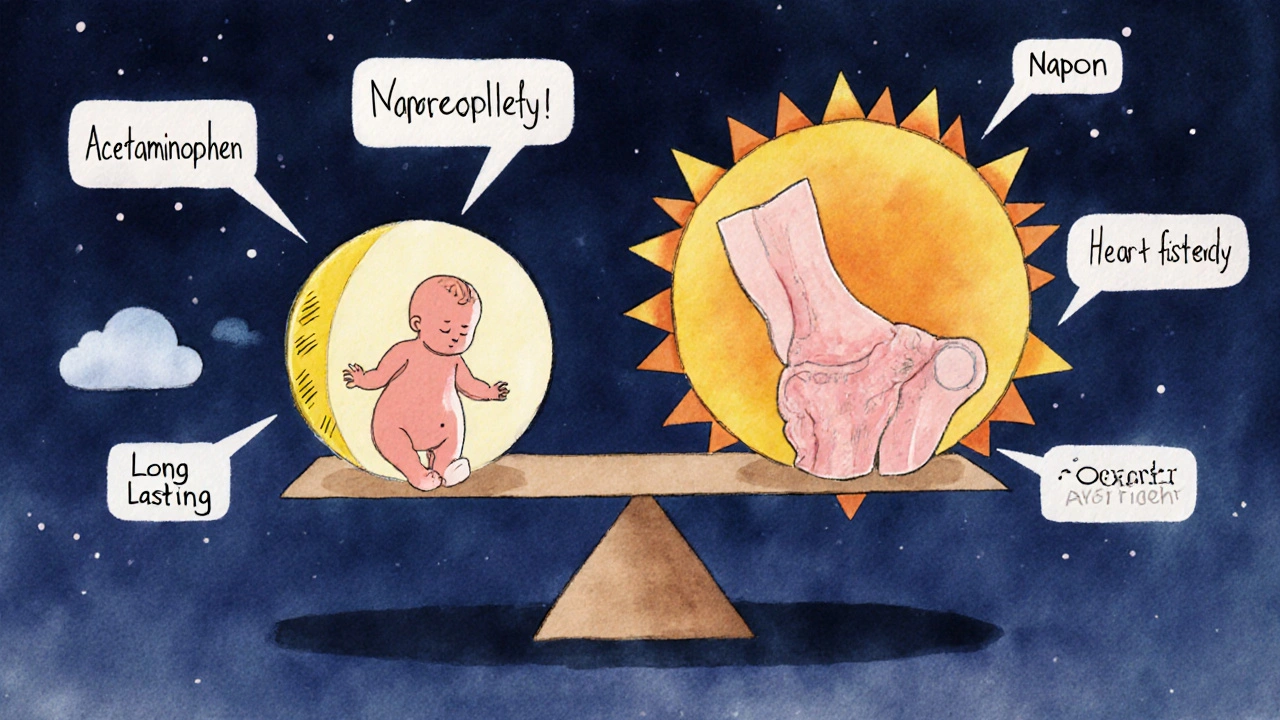 Balanced scale comparing acetaminophen and naproxen with symbols for pregnancy, heart safety, and stomach risks