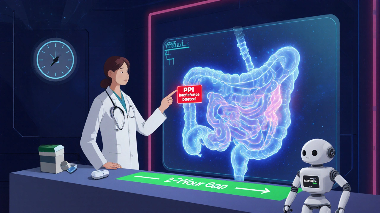 Doctor viewing a holographic gastric pH reading with an AI alert about drug interference.
