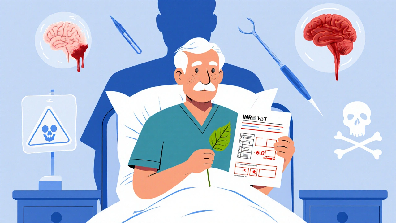 Elderly man holding ginkgo leaf and high INR report, with floating bleeding hazards above him.