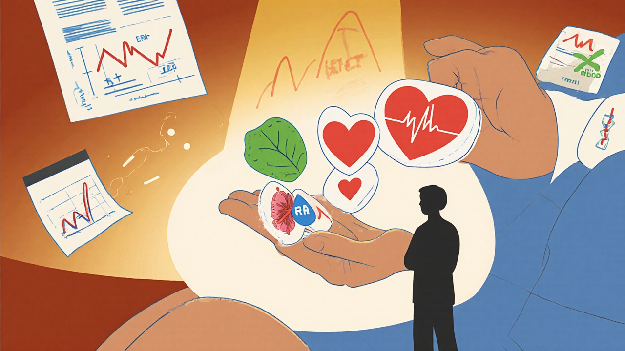 Four heart failure medications in a palm with icons representing each drug and a rising health graph.