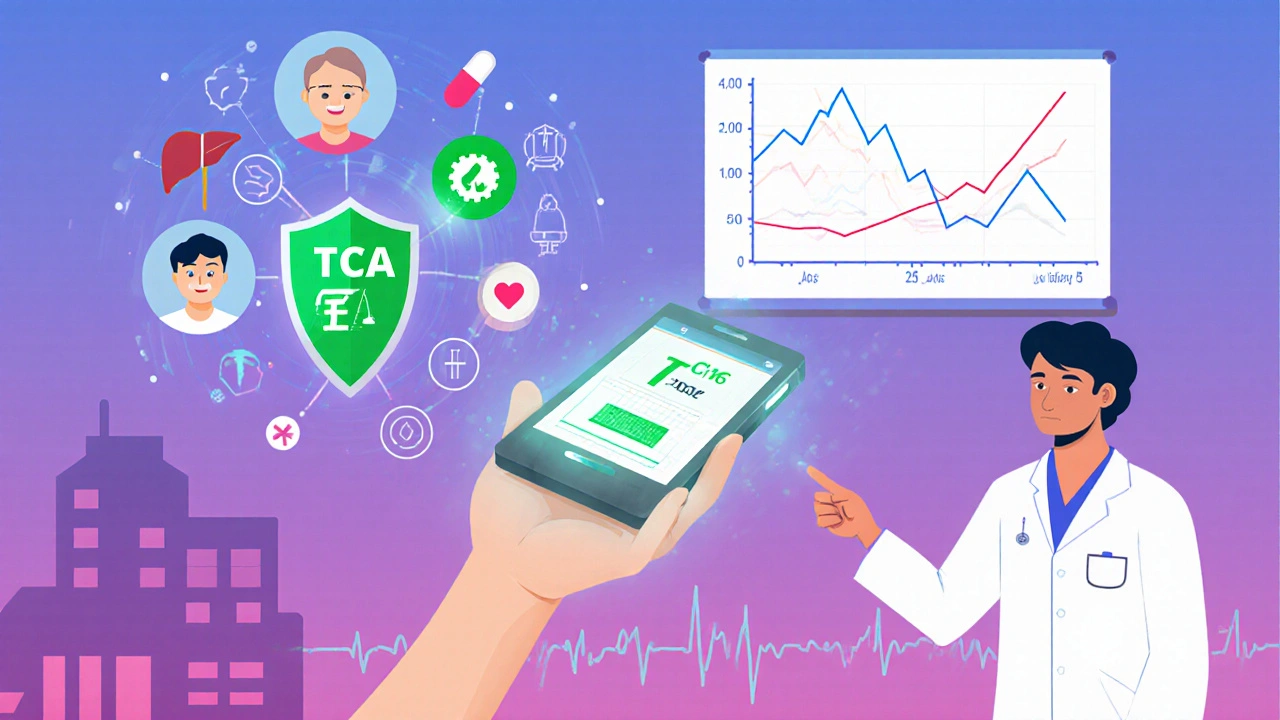 Futuristic handheld device displaying real-time TCA levels and AI analysis, protecting patient with safety shield.
