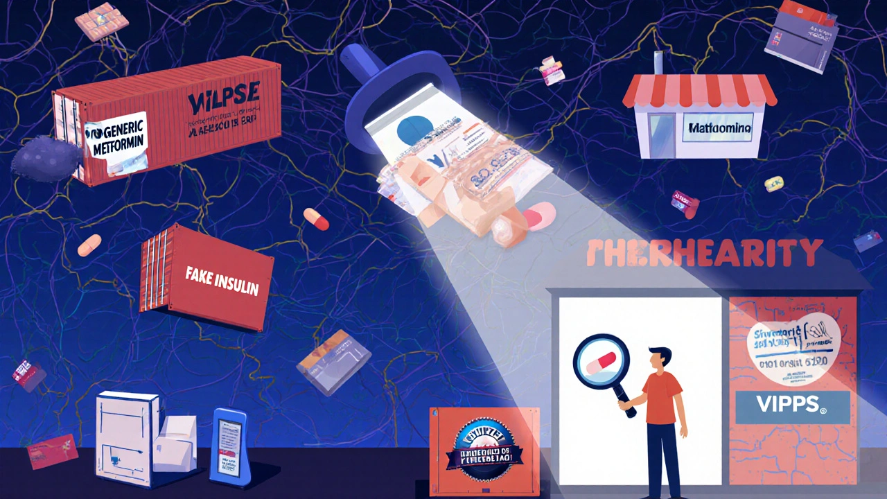 Global counterfeit drug supply chain with fake pills entering U.S. homes, contrasted with a pharmacist verifying authenticity.