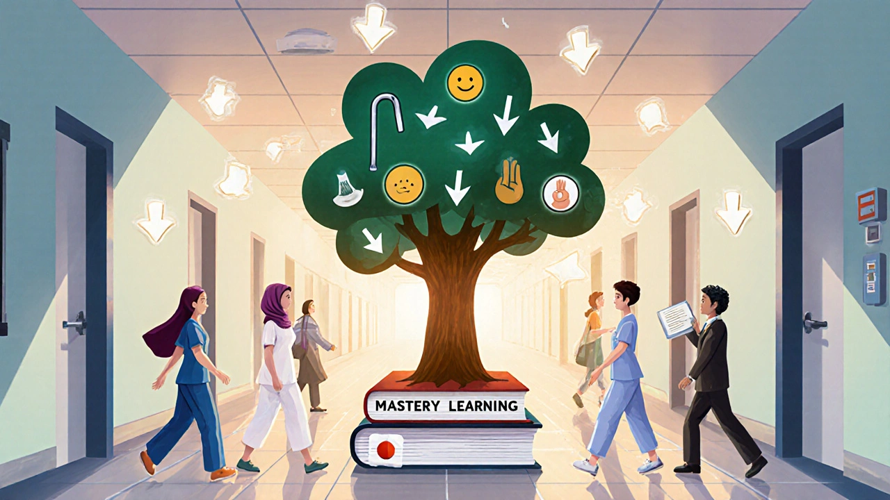 Hospital hallway with staff exchanging communication badges and cultural symbols under a tree of learning.