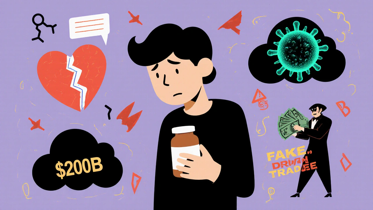 Person holding fake medication surrounded by symbolic dangers: organ damage, antibiotic resistance, and criminal profit.