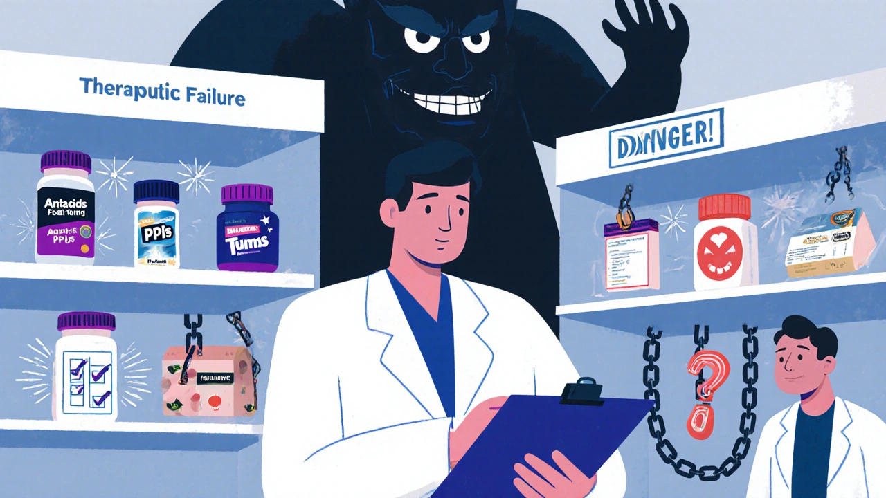 Pharmacist comparing safe antacids to dangerous acid reducers with a warning shadow.