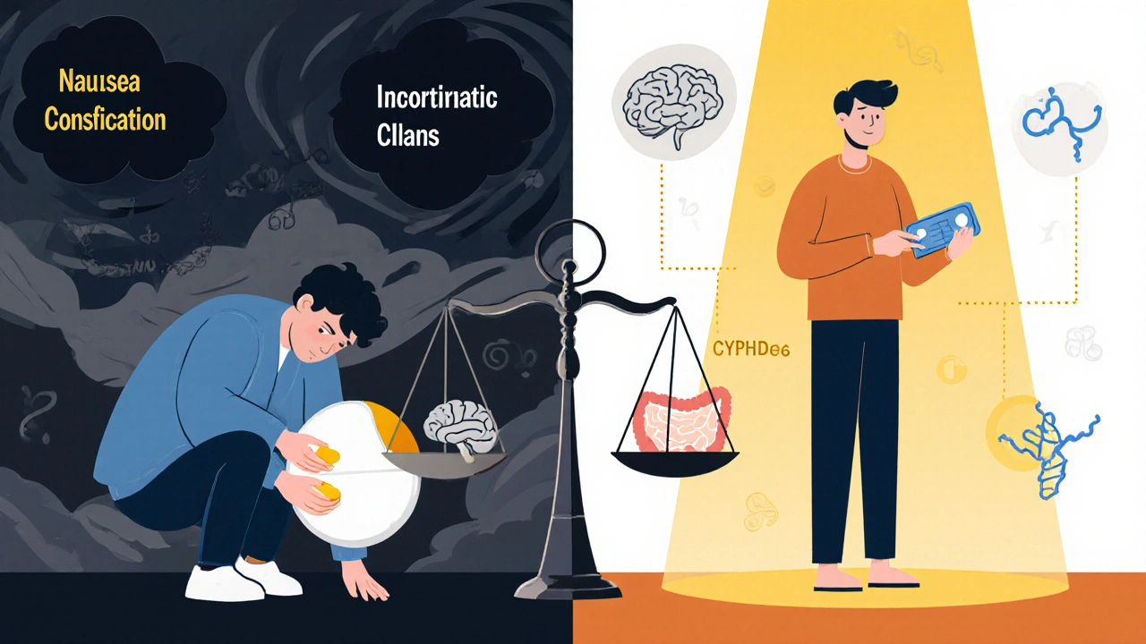 Split scene: dark side of opioid side effects vs. bright side with reduced dosing and light pathways.