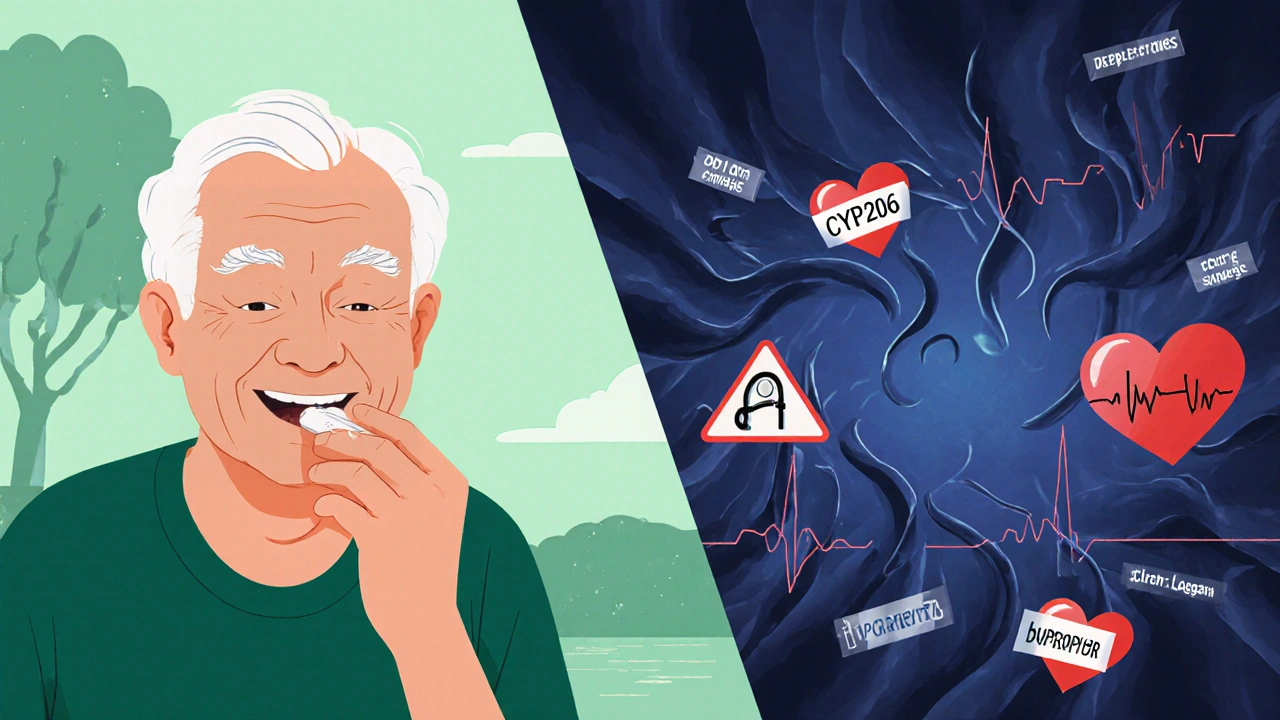 Split scene: elderly patient taking medication peacefully versus collapsing from toxic drug effects with warning symbols.