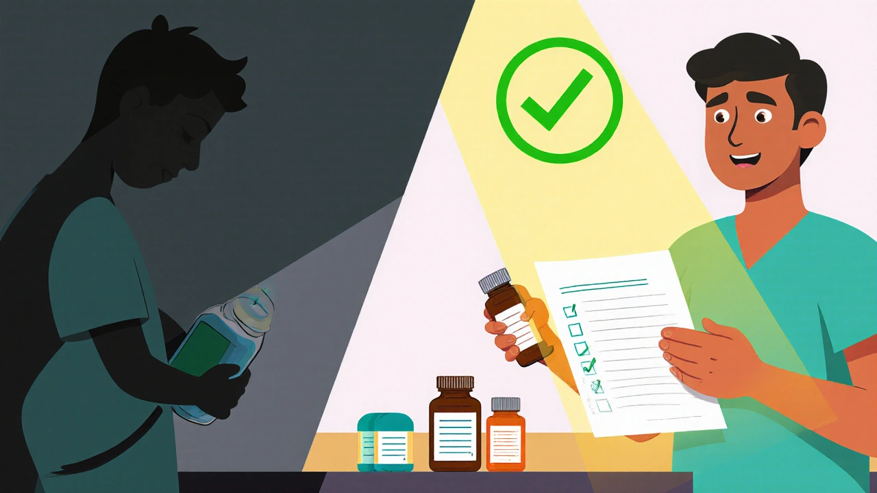 Split scene: person hiding supplement vs. confidently sharing it with doctor.