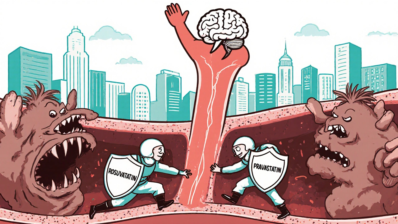 Statins as soldiers blocking cholesterol in blood vessels while a calm brain watches, illustrating protection without cognitive harm.