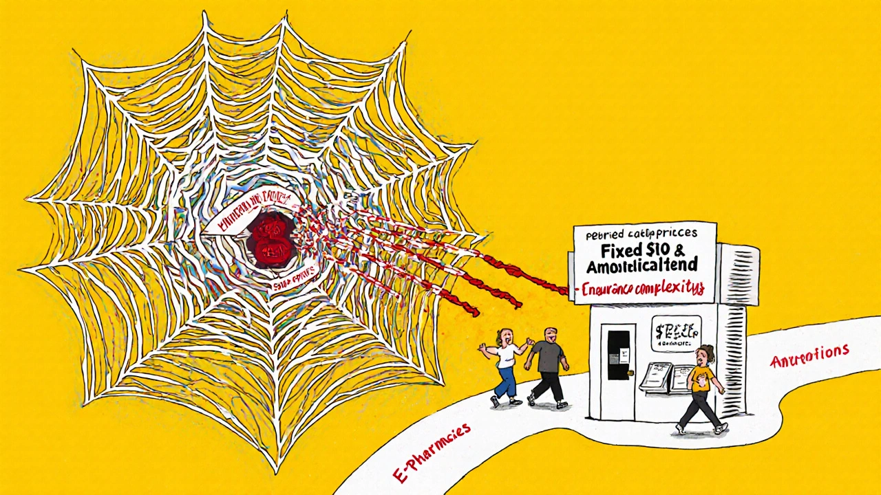 Tangled web of middlemen choking a pharmacy, with a clear path to affordable cash prices leading through e-pharmacies.