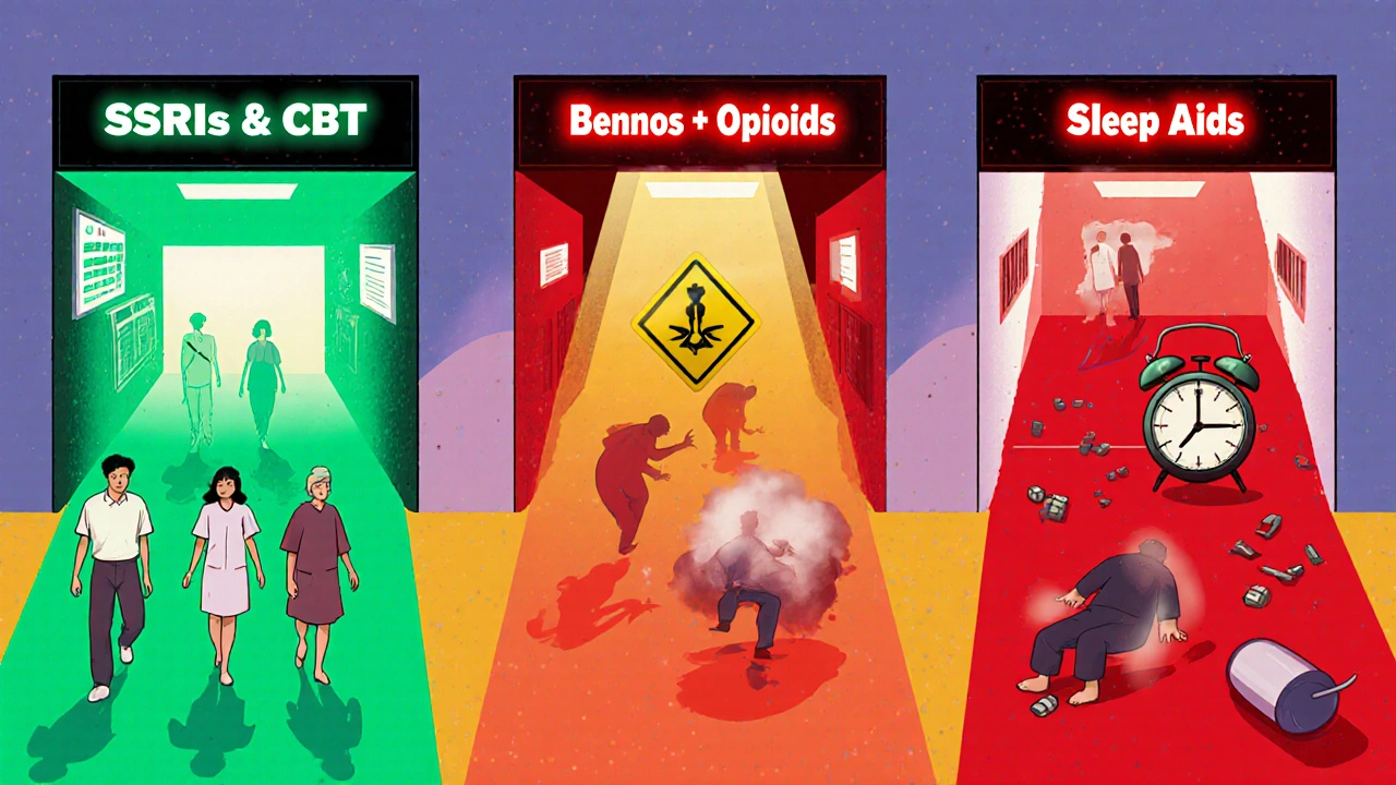Three paths at a pharmacy: safe anxiety treatment, dangerous drug combo, and risky sedative mix, illustrated with bold colors and panel borders.