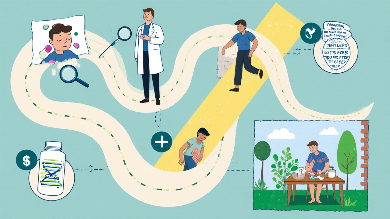 Timeline of opioid rotation improving daily life, ending with patient gardening peacefully.