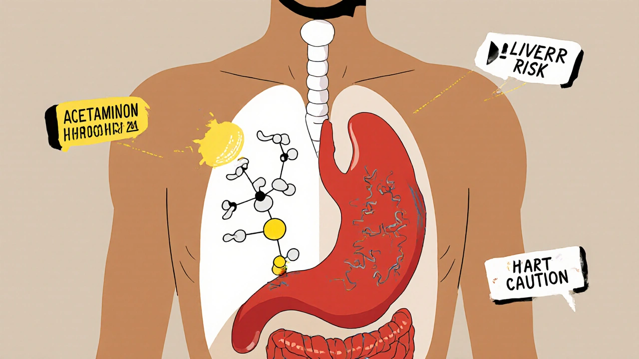 Transparent human torso with acetaminophen soothing headache and NSAIDs calming inflamed joints and stomach