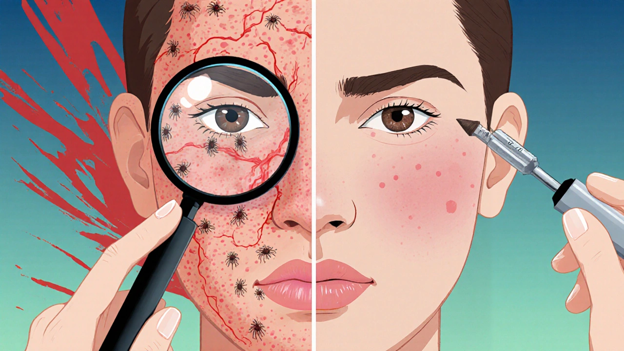 Two facial portraits: one inflamed with mites, the other clear after treatment, shown under a magnifying glass.