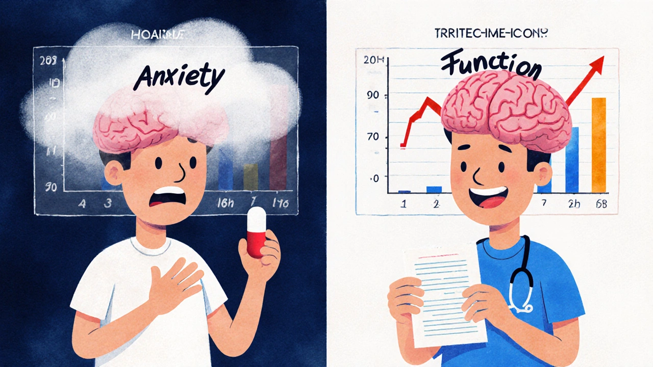 Two versions of a person: one with a foggy brain from anxiety, another with a clear brain and doctor&#039;s note, showing perception vs reality.