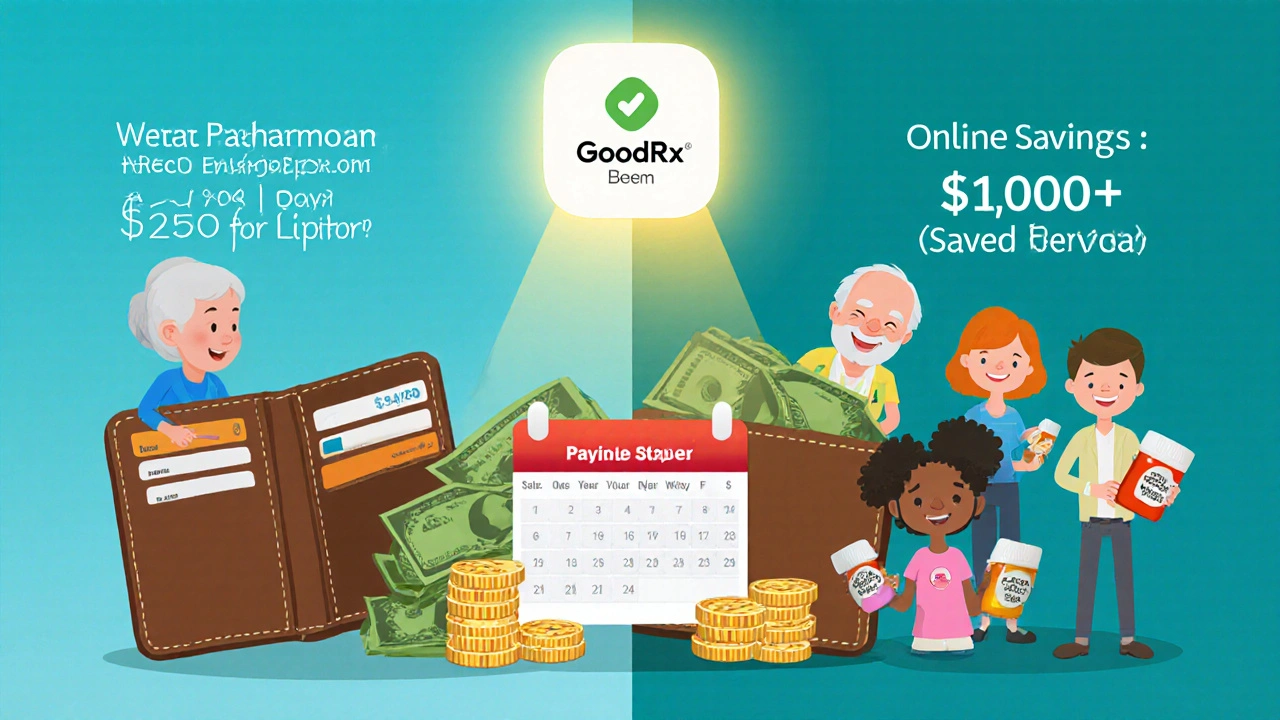Two wallets side by side: one empty from retail drug costs, one full from online savings with app and annual savings shown.