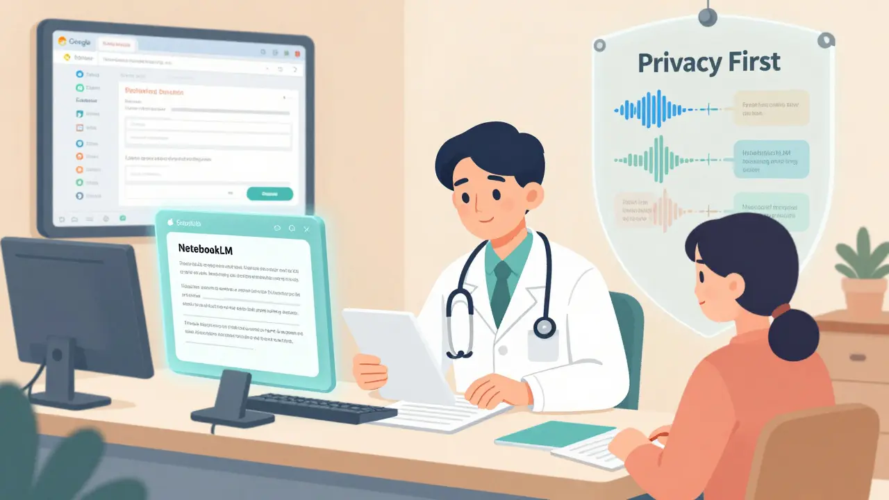 A doctor uses AI tools to translate medical notes into simple advice, while patient data flows safely behind a privacy shield in a calm clinic environment.