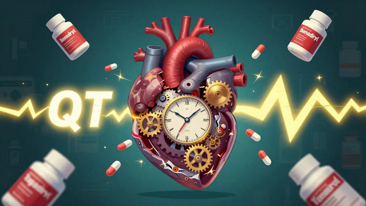 A heart shaped like a broken clockwork mechanism being overloaded by pills and electrical surges, surrounded by other medications.