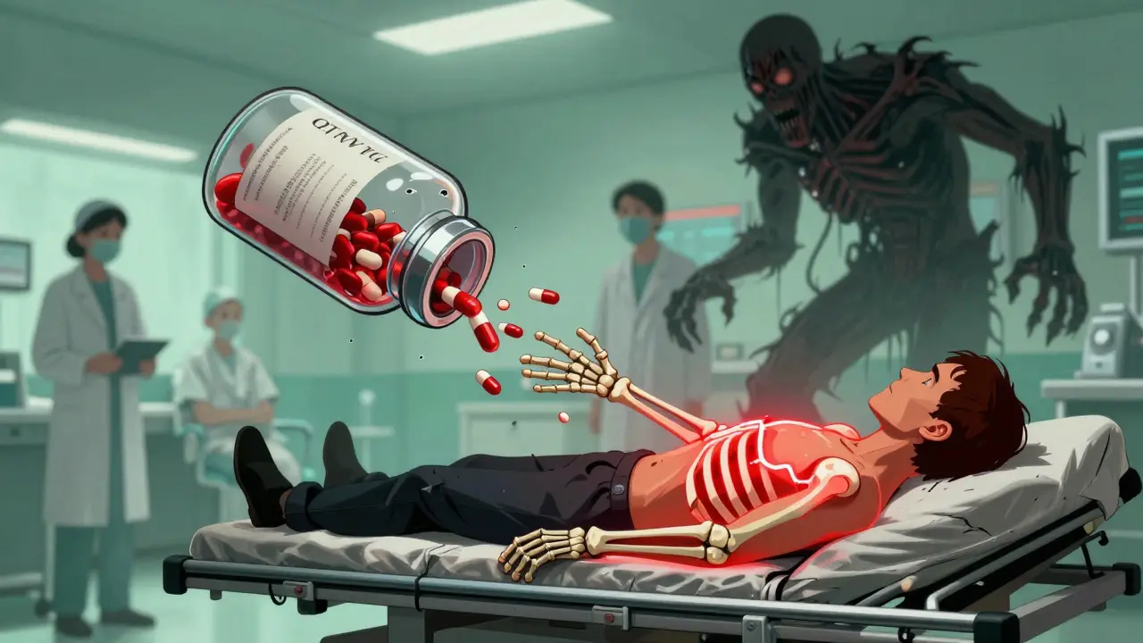 A medicine bottle spilling pills that turn into skeletal hands, reaching toward a person on an ER gurney with a glowing QT interval outline.
