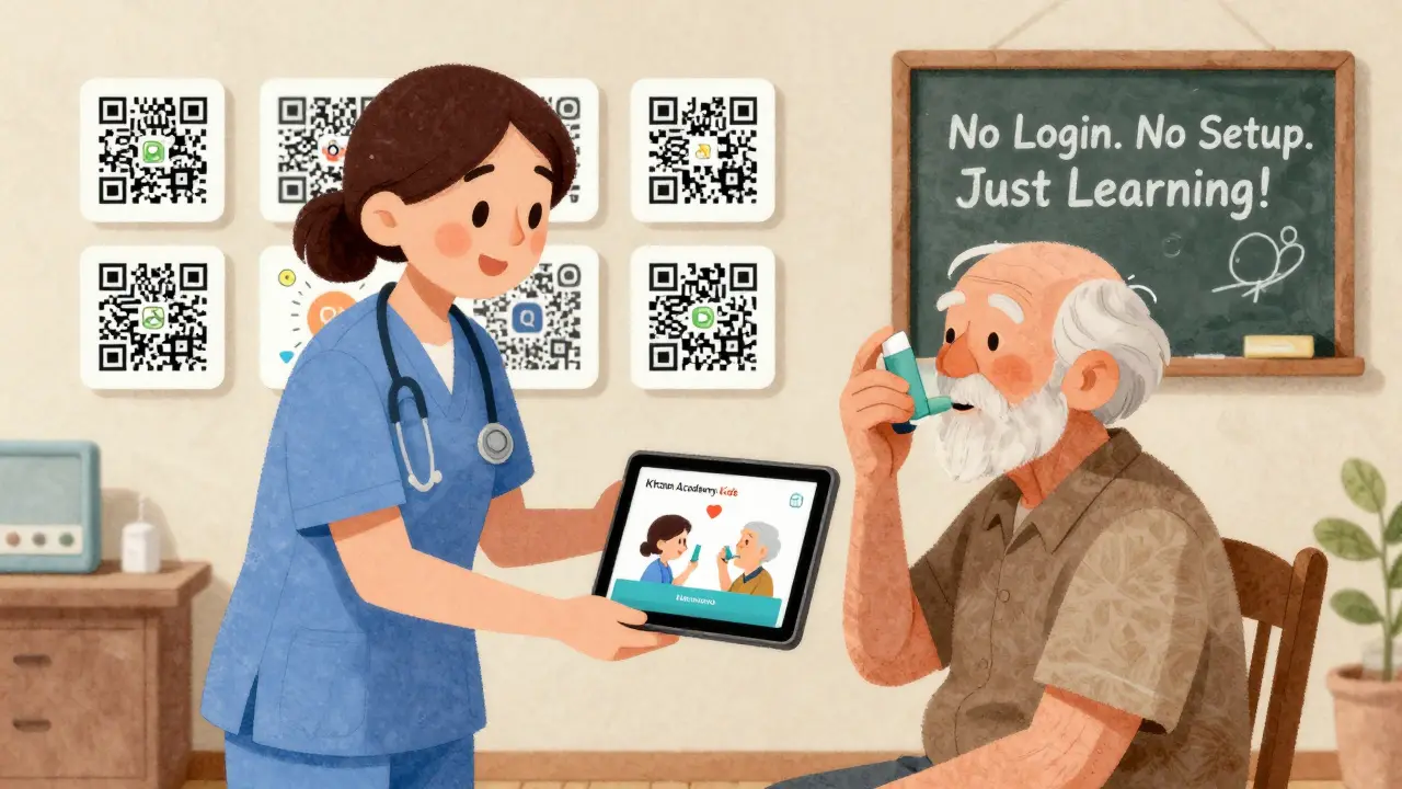A nurse gives a pre-loaded tablet to an elderly patient in a rural clinic, where an animated inhaler story plays automatically with no login required.