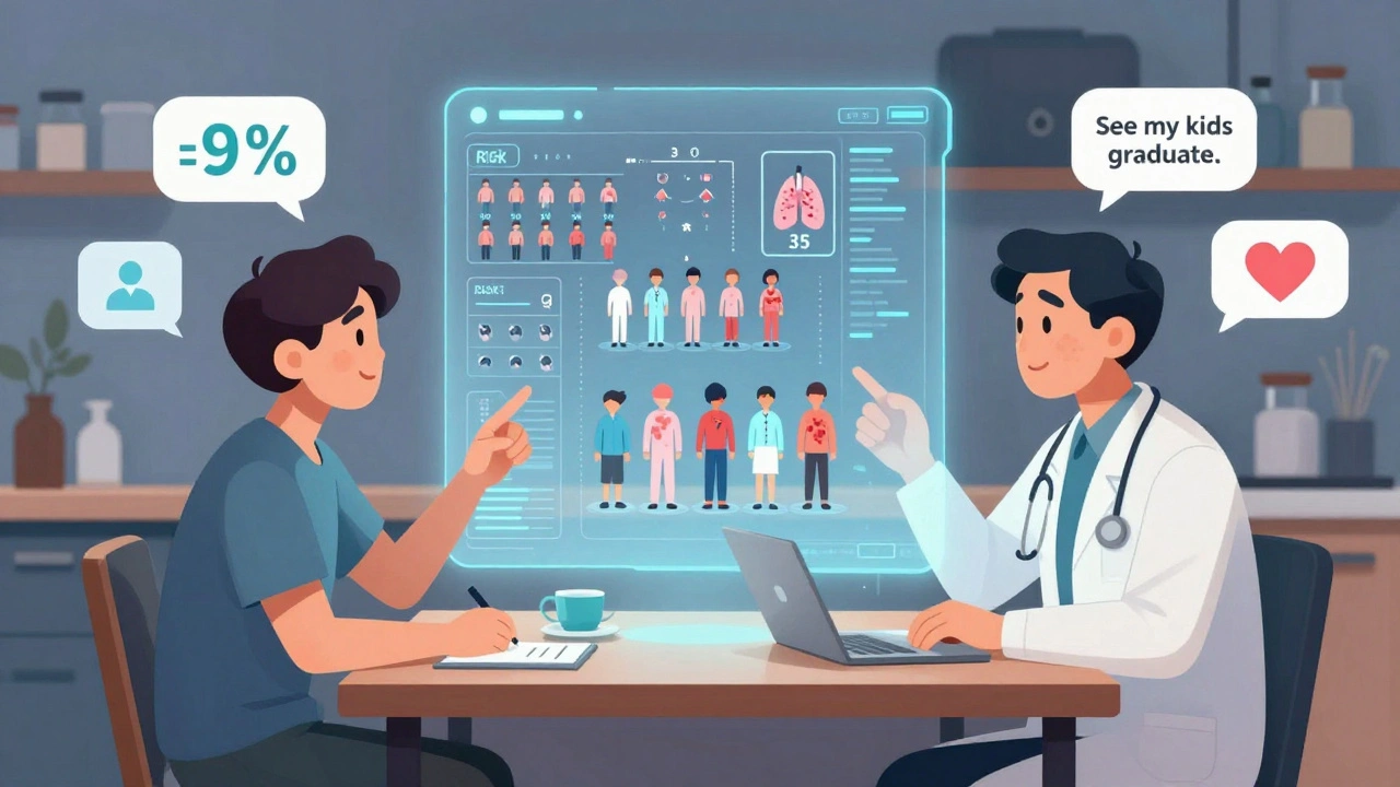 A patient and doctor view a holographic risk-benefit chart showing real-life outcomes at a kitchen table.