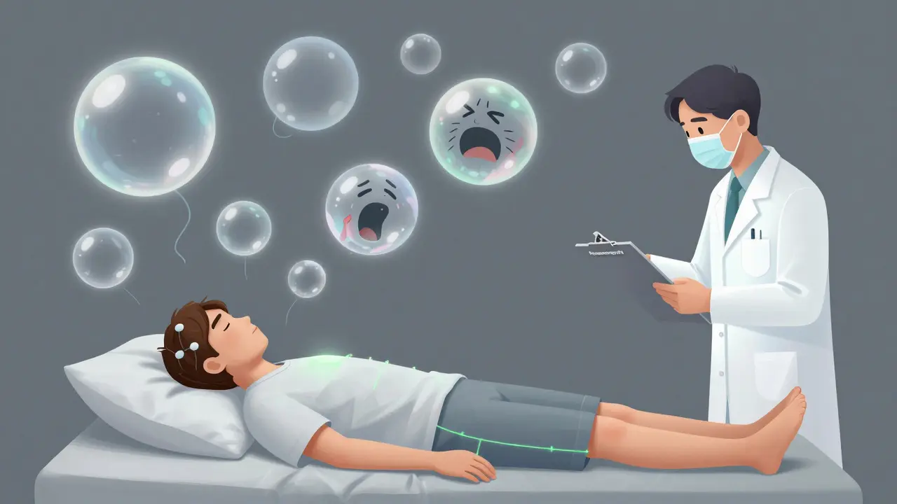 A person sleeping with chaotic dream bubbles while a scientist applies sleep study sensors, in stylized concept art.