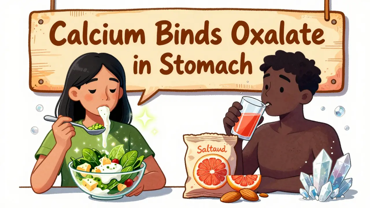 A person split between healthy and unhealthy choices, with calcium binding oxalate on one side and stones forming on the other.