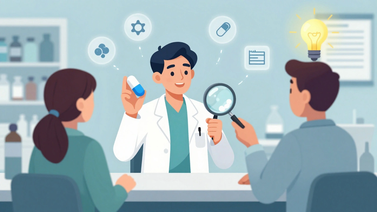 A pharmacist comparing two pills under a magnifying glass, revealing different fillers while a patient has a realization above their head.