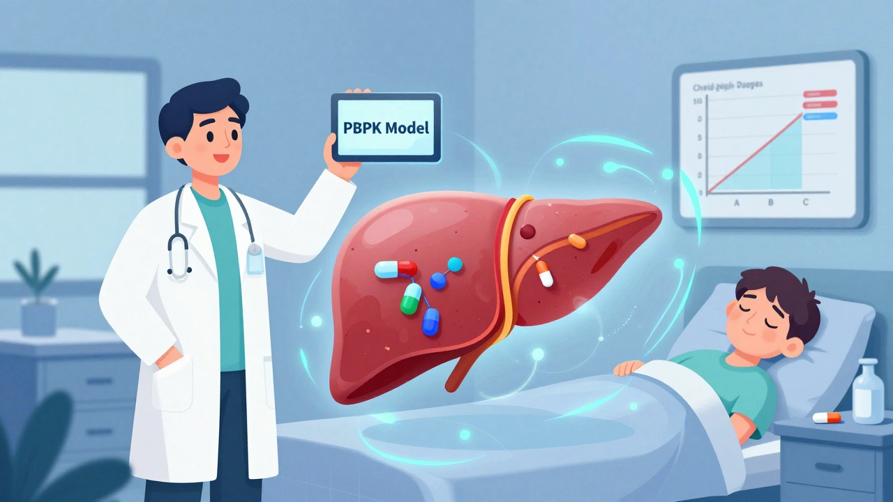A pharmacist using a virtual PBPK model to guide safe drug dosing for liver disease patients.