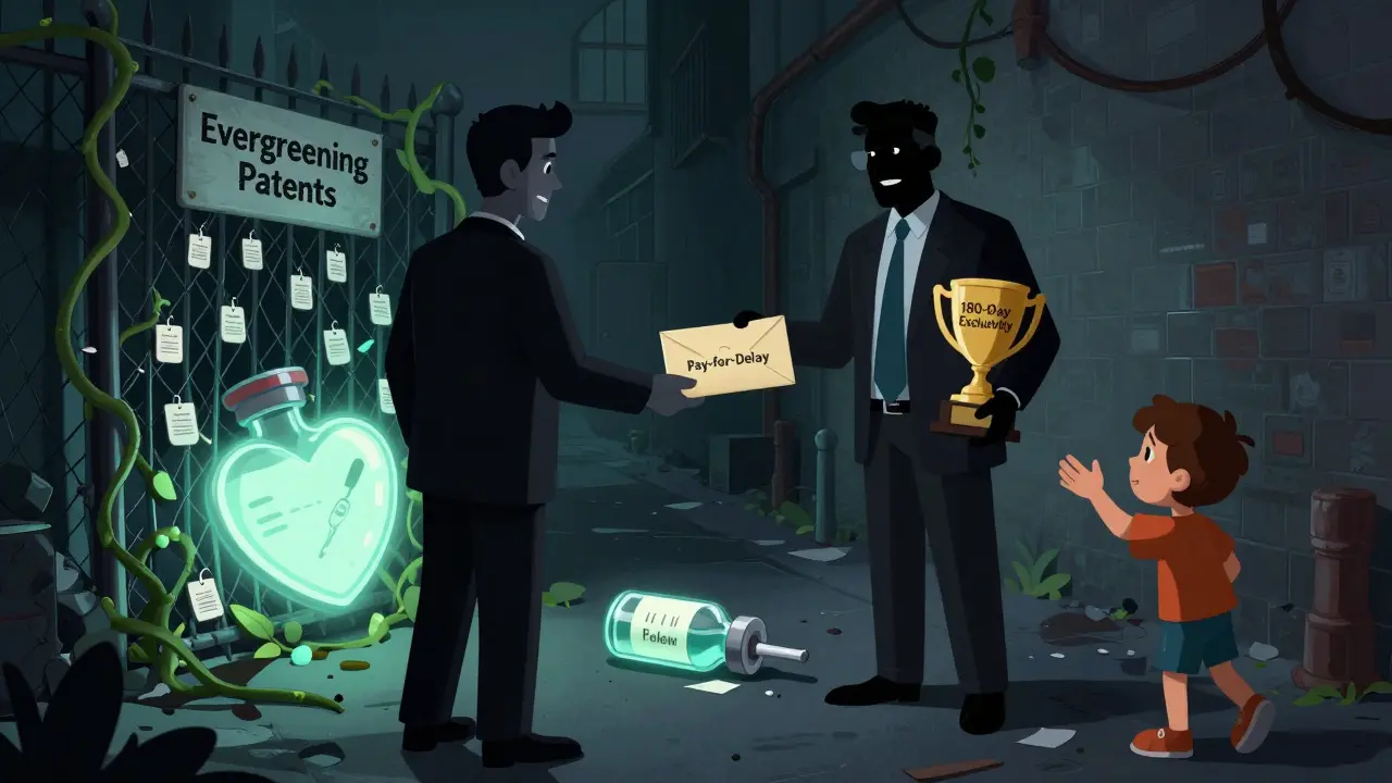 A shadowy figure offering a payment envelope to a generic company while an insulin vial lies ignored on the ground.