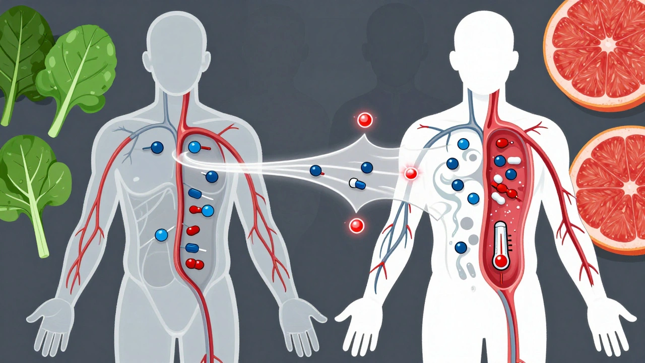 A transparent human body with erratic warfarin flow after switching generic manufacturers, surrounded by dietary triggers and flashing INR warnings.