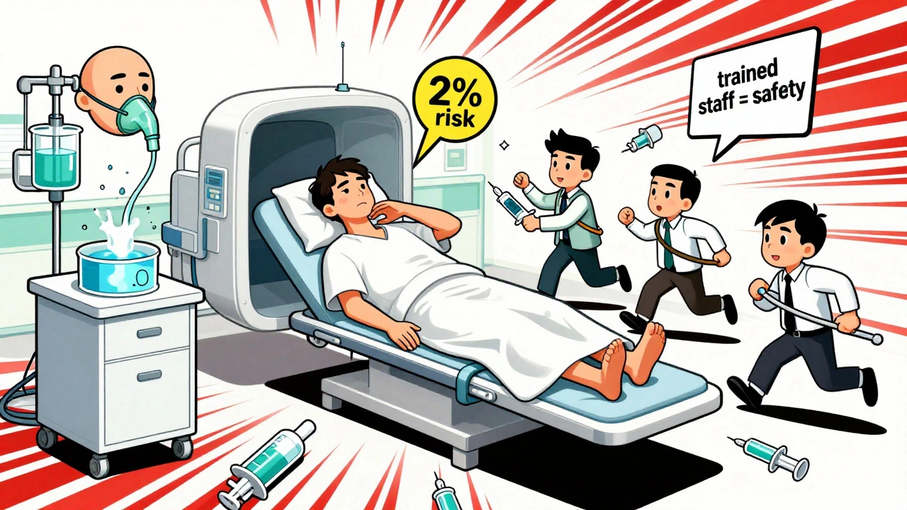 Cartoon emergency scene during a CT scan with staff rushing in and safety equipment activating around a calm patient.