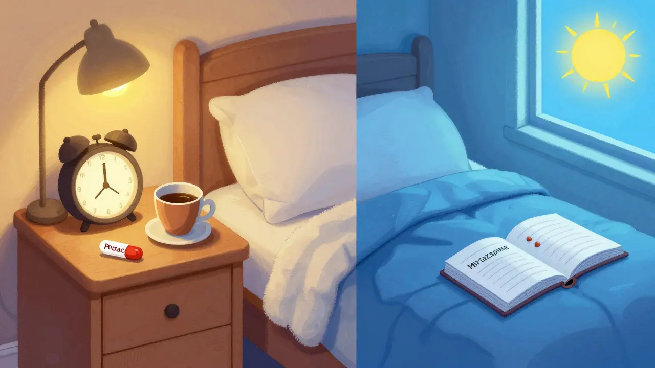 Contrasting bedside tables: one with stimulant medication causing insomnia, the other with sleep-friendly drugs and sunrise.