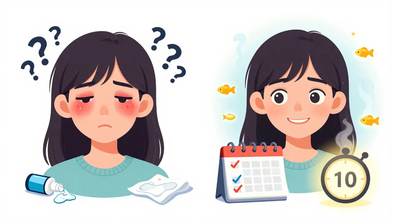 Contrasting scenes: left side shows irritated eyes and failed treatments, right side shows healthy eyes with daily routine and omega-3 icons.