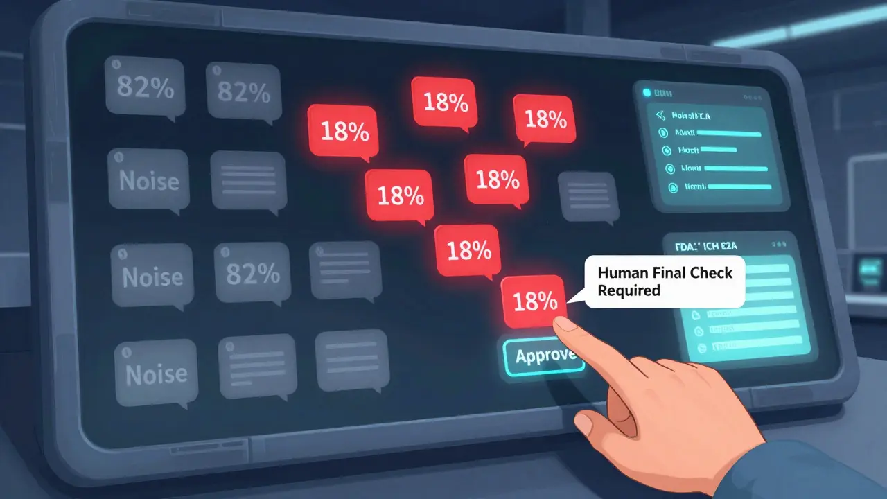 Digital dashboard showing AI sorting clinical trial reports, with 82% noise and 18% critical serious events.