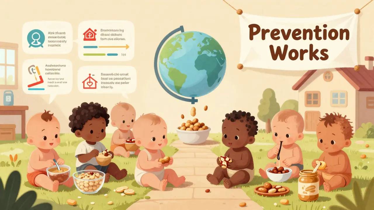 Diverse infants eating safe peanut forms, surrounded by medical guidelines and declining allergy icons.