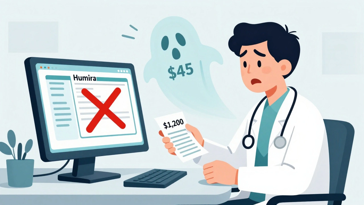 Doctor and patient facing a red X over Humira on screen, with a ,200 bill in hand and a faded  price ghost.