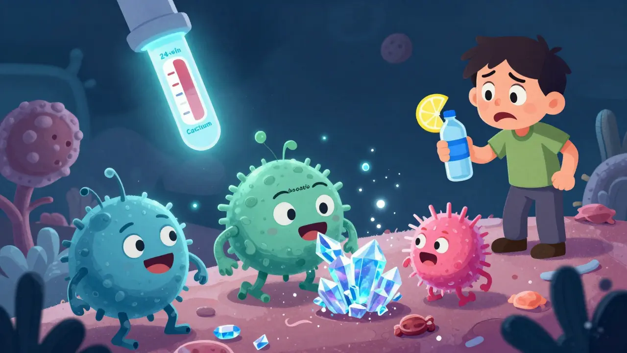 Friendly bacteria eating oxalate in the gut while a person drinks water and lemon juice, with glowing urine test results in the background.