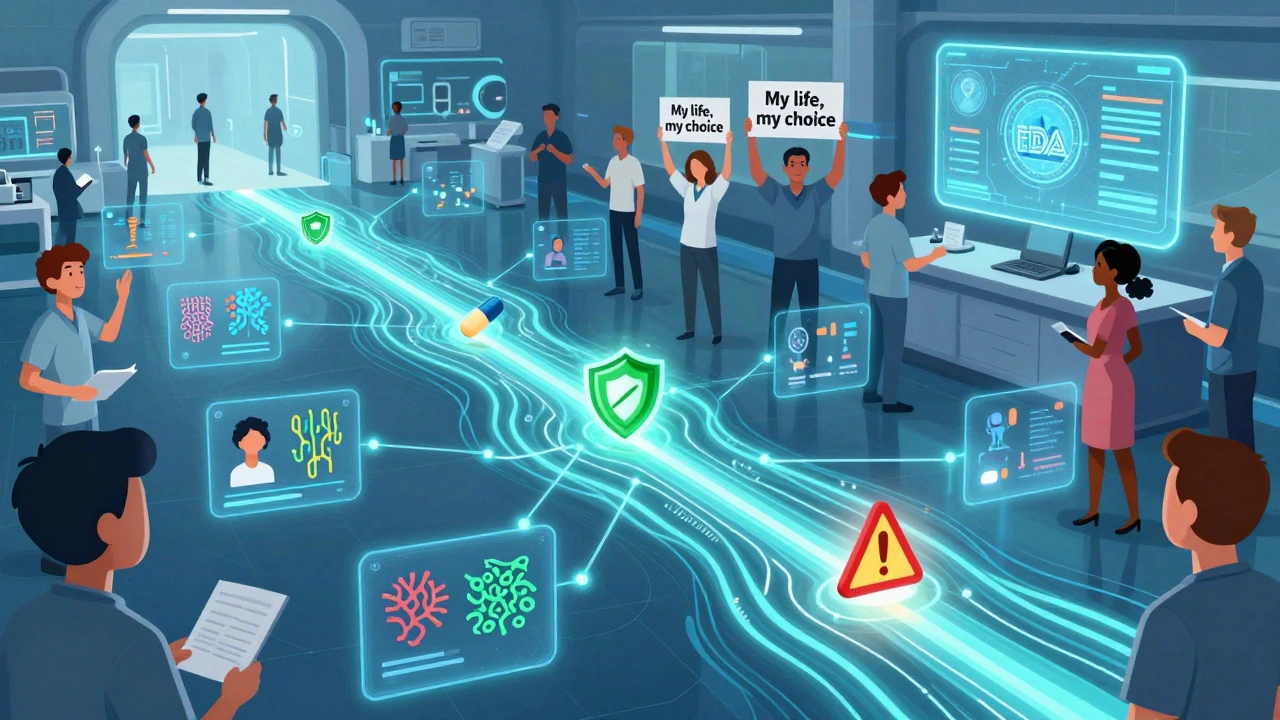 Futuristic AI system personalizes medication decisions using genetic and lifestyle data with patient input.