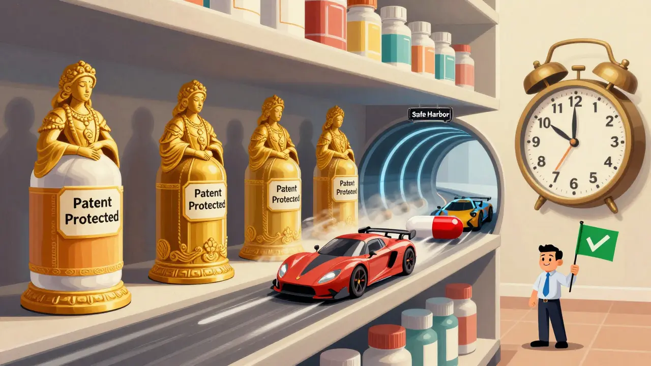 Generic drug capsules racing down a tunnel labeled 'Safe Harbor' past giant branded pills on a pharmacy shelf.