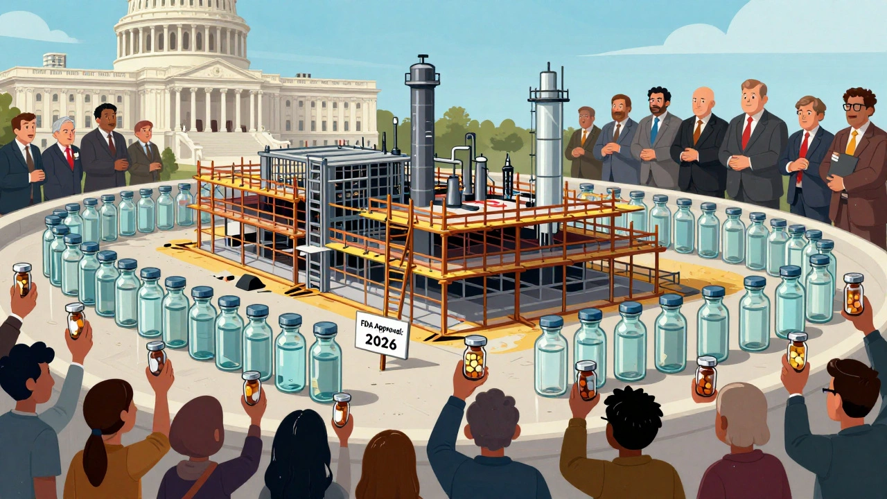 Half-built drug factory surrounded by supply chain delays, ignored by distant lawmakers.